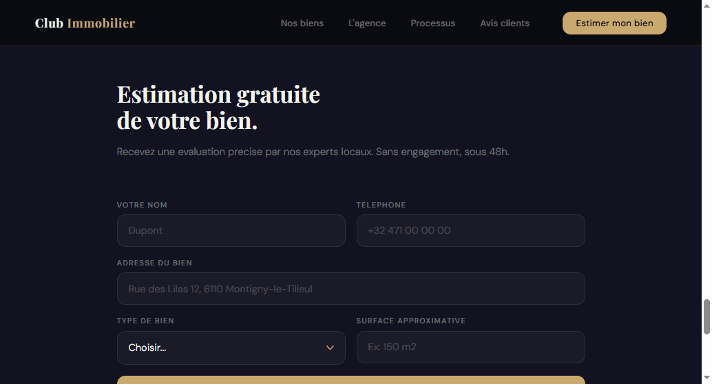 Redesigned property valuation form: headline 'Free property valuation', fields for name, phone, property address, type and size, one gold button