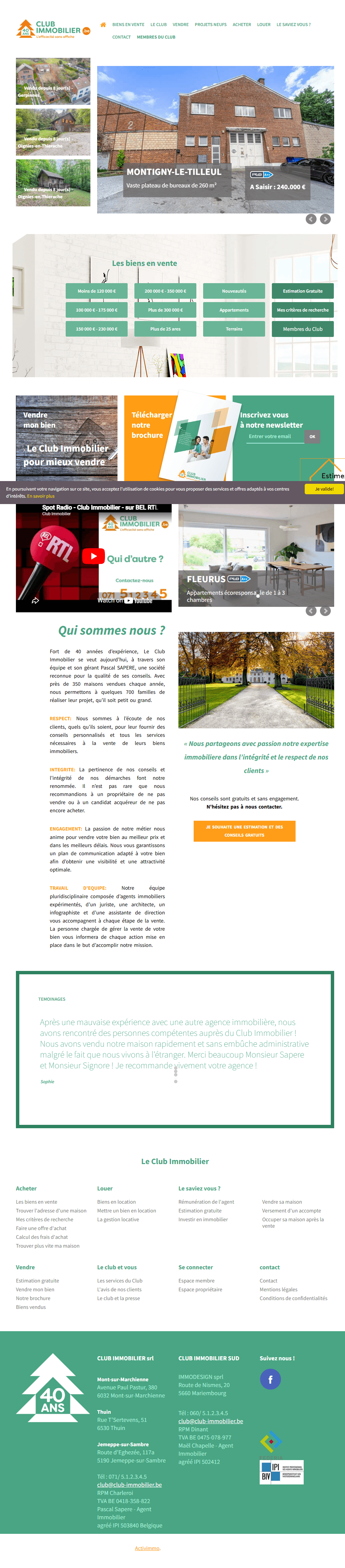 Club Immobilier's current home page top to bottom: listings slider, green filter blocks, YouTube video, testimonial with no photo, and green footer